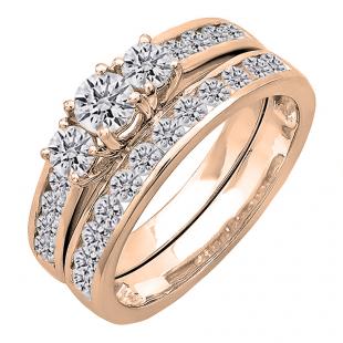 1.15 Carat (ctw) 18K Rose Gold Round Diamond Ladies Bridal 3 Stone Engagement Ring Set