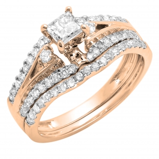 1.00 Carat (ctw) 10K Rose Gold Princess & Round Diamond Ladies Bridal Engagement Ring With Matching Band Set 1 CT