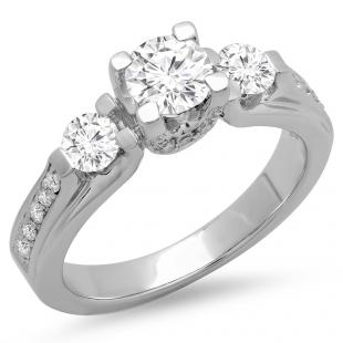 1.00 Carat (ctw) 14K White Gold Round Diamond 3 Stone Ladies Bridal Engagement Ring