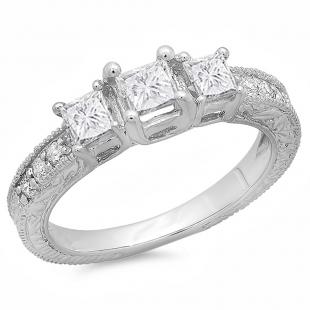 1.00 Carat (ctw) 14K White Gold Princess & Round Diamond Ladies 3 Stone Bridal Engagement Ring 1 CT