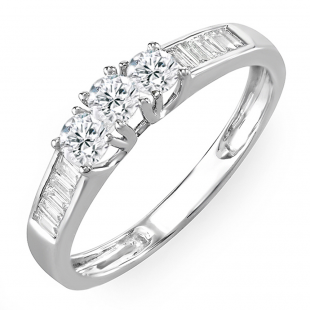 0.55 Carat (ctw) 14K White Gold Brilliant Round & Baguette Cut Diamond Ladies 3 stone Engagement Bridal Ring 1/2 CT