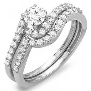 0.85 Carat (ctw) 14K White Gold Round Diamond Ladies Swirl Bridal Engagement Ring Matching Band Set