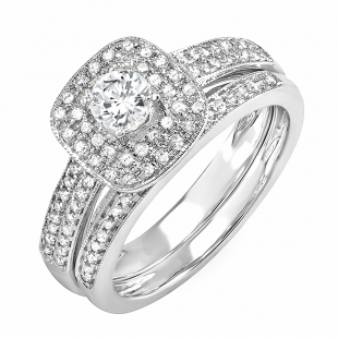 0.85 Carat (ctw) 14K White Gold Round Diamond Ladies Bridal Ring Shape Engagement Set Matching Band