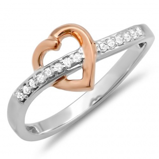 0.10 Carat (ctw) Rose Gold Plated 10K White Gold Round Diamond Crossover Heart Two Tone Ladies Bridal Promise Engagement Ring 1/10 CT