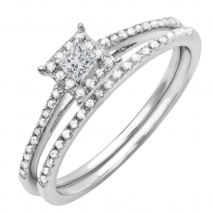 0.30 Carat (ctw) 10K White Gold Round & Princess Diamond Ladies Bridal Halo Engagement Ring Set 1/3 CT