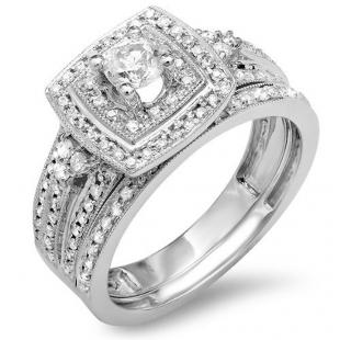 0.75 Carat (ctw) 14K White Gold Round Diamond Ladies Bridal Engagement Ring Set with Matching Band 3/4 CT