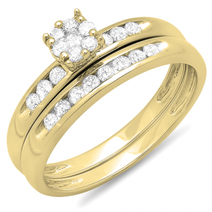 0.45 Carat (ctw) 10K Yellow Gold Round Diamond Ladies Bridal Cluster Engagement Ring With Matching Band Set 1/2 CT