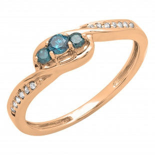 0.25 Carat (ctw) 14K Rose Gold Round Blue & White Diamond Ladies 3 Stone Engagement Promise Ring 1/4 CT