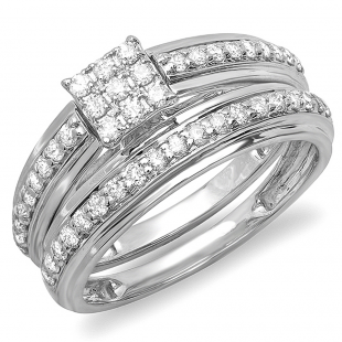 0.65 Carat (ctw) 18K White Gold Round Diamond Ladies Bridal Engagement Ring Matching Wedding Band Set  3/4 CT