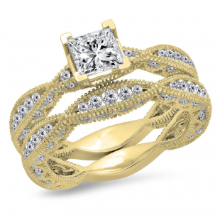 1.80 Carat (Ctw) 14K Yellow Gold Princess & Round Cut White Diamond Ladies V Prong Milgrain Bridal Engagement Ring Matching Band Sets 1 3/4 CT