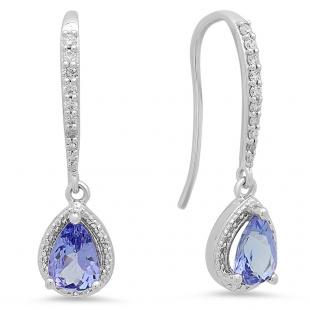 1.40 Carat (ctw) 10K White Gold Pear Cut Tanzanite & Round Cut White Diamond Ladies Dangling Drop Earrings
