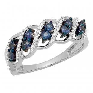 0.65 Carat Round White Diamond And Blue Sapphire Cocktail Right Hand Ring for Women in 14K White Gold