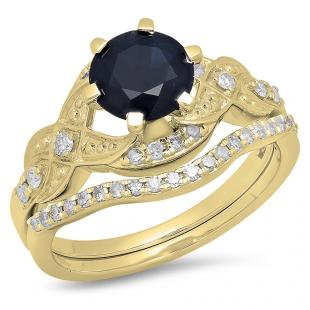 1.75 Carat (ctw) 10K Yellow Gold Round Blue Sapphire And White Diamond Ladies Bridal Engagement Ring Matching Band Set