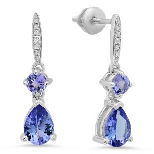 1.65 Carat (ctw) Sterling Silver Round & Pear Cut Tanzanite & Round Cut White Diamond Ladies Dangling Drop Earrings 1 1/2 CT