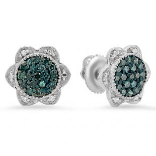 0.35 Carat (ctw) 18K White Gold Round Cut Blue & White Diamond Ladies Flower Shape Cluster Fashion Stud Earrings 1/3 CT