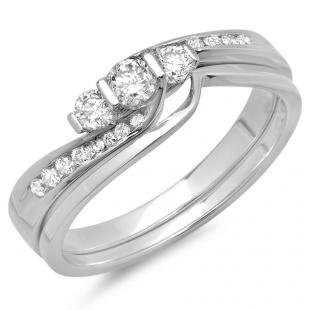 0.45 Carat (ctw) 14K White Gold Round Diamond Ladies Swirl Bridal 3 Stone Engagement Ring With Matching Band Set 1/2 CT