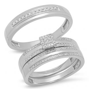 0.30 Carat (ctw) Sterling Silver Round White Diamond Men's & Women's Engagement Ring Trio Bridal Set 1/3 CT