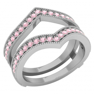0.70 Carat (ctw) 10K White Gold Round Pink Sapphire Ladies Anniversary Wedding Band Guard Double Ring 3/4 CT