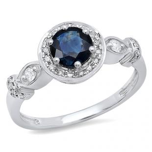 1.30 Carat (ctw) 14K White Gold Round Cut Blue Sapphire & White Diamond Ladies Bridal Halo Style Engagement Ring