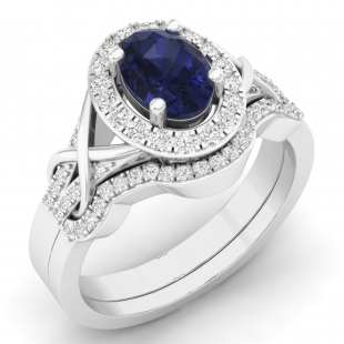 1.35 Carat (ctw) 18K White Gold Oval Cut Blue Sapphire & Round White Diamond Ladies Bridal Split Shank Halo Engagement Ring With Matching Band Set 1 1/3 CT