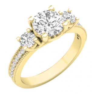 3.15 Carat (ctw) 10K Yellow Gold Round Cut White Cubic Zirconia Ladies Bridal 3 Stone Engagement Ring