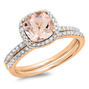 0.90 Carat (ctw) 10K Rose Gold Cushion Cut Morganite & Round Cut White Diamond Ladies Bridal Halo Engagement Ring With Matching Band Set