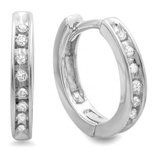 0.22 Carat (ctw) 13mm 10K White Gold Round Cut Diamond Ladies Huggie Hoop Earrings 1/4 CT