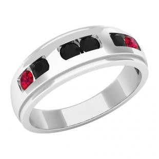 0.75 Carat (ctw) 10K White Gold Round Cut Ruby & Black Diamond Men's Channel Set Wedding Band 3/4 CT