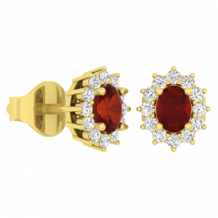 1.15 Carat (Ctw) 14K Yellow Gold Oval Cut Garnet & Round Cut White Diamond Ladies Flower Shape Cluster Fashion Stud Earrings