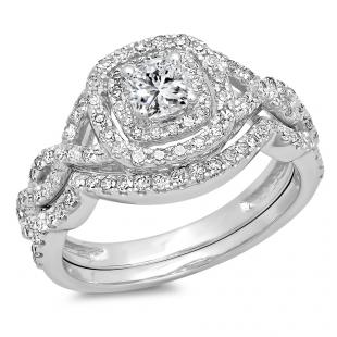 1.00 Carat (ctw) 14K White Gold Princess & Round Cut White Diamond Ladies Swirl Bridal Split Shank Halo Engagement Ring With Matching Band Set 1 CT