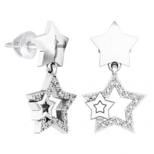 0.10 Carat (ctw) 18K White Gold Round White Diamond Ladies Star Shape Dangling Earrings 1/10 CT