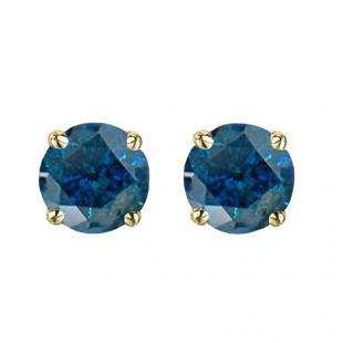 1.50 Carat (ctw) 14K Yellow Gold Round Cut Blue Diamond Ladies Stud Earrings 1/2 CT