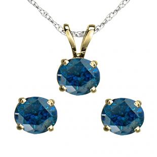 1.50 Carat (ctw) 14K Yellow Gold Round Blue Diamond Ladies Stud Earring & Pendant Set 1 1/2 CT