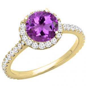 18K Yellow Gold 6.5 MM Round Amethyst & White Diamond Ladies Bridal Halo Engagement Ring