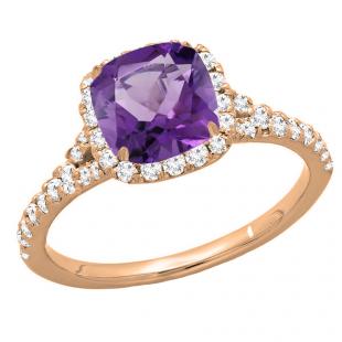 18K Rose Gold 6.5 MM Cushion Amethyst & Round White Diamond Ladies Bridal Halo Engagement Ring