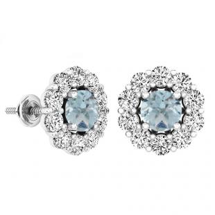 3.90 Carat (ctw) Sterling Silver Round Aquamarine & White Sapphire Ladies Halo Fashion Stud Earrings