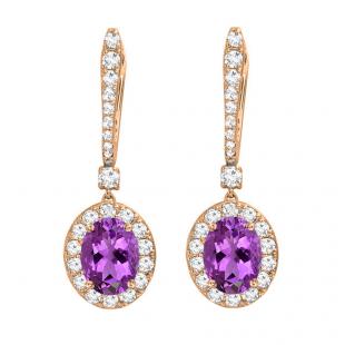 10K Rose Gold 7X5 MM Oval Amethyst & Round Diamond Ladies Halo Style Dangling Drop Earrings