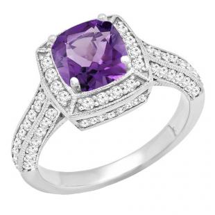 18K White Gold 6.5 MM Cushion Cut Amethyst & Round White Diamond Ladies Bridal Halo Engagement Ring