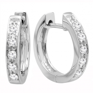 IGI CERTIFIED Round White Diamond Huggie Hoop Earrings for Women (0.12 ctw, Color I-J, Clarity I2-I3) in 10K White Gold