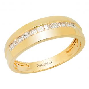 0.50 Carat (ctw) 14K Yellow Gold Round & Baguette Cut Diamond Mens Anniversary Wedding Band 1/2 CT
