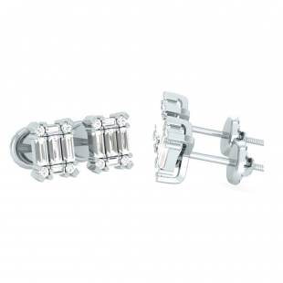 18K White Gold Round & baguette Cut White Diamond Ladies Stud Earrings 1/4 CT