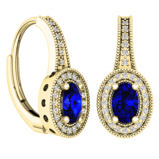 1.15 Carat (ctw) 14K Yellow Gold Oval Cut Blue Sapphire & Round Diamond Ladies Dangling Earrings