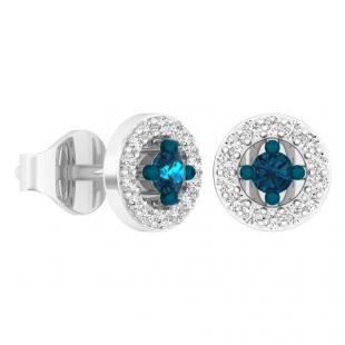 0.30 Carat (ctw) 18K White Gold Round Cut Blue & White Diamond Ladies Halo Stud Earrings 1/3 CT