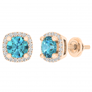 14K Rose Gold 5 MM Each Round Cut Blue Topaz & White Diamond Ladies Halo Stud Earrings