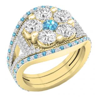 Small White Diamond with Center White & Blue Topaz Cubic Zirconia's Bridal Wedding Ring Set 10K Yellow Gold