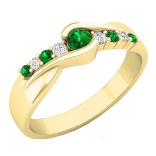0.27 Carat (ctw) 14K Yellow Gold Round Cut Emerald & Diamond Ladies Bypass Engagement Ring 1/4 CT