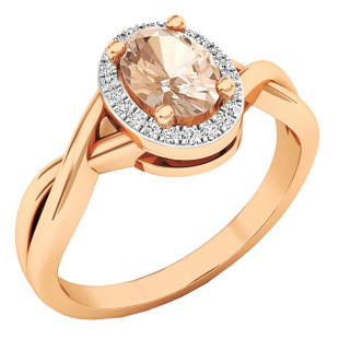 18K Rose Gold 7X5 MM Oval Cut Morganite & Round Diamond Ladies Bridal Halo Engagement Ring