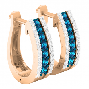 0.70 Carat (ctw) 14K Rose Gold Round Blue & White Diamond Ladies Huggies Hoop Earrings 3/4 CT