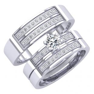 0.85 Carat (ctw) 18K White Gold round Cubic Zirconia & Diamond Men & Women's Trio Bridal Set