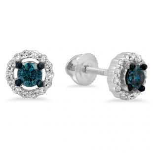0.45 Carat (ctw) 10K White Gold Round Blue & White Diamond Ladies Halo Stud Earrings 1/2 CT